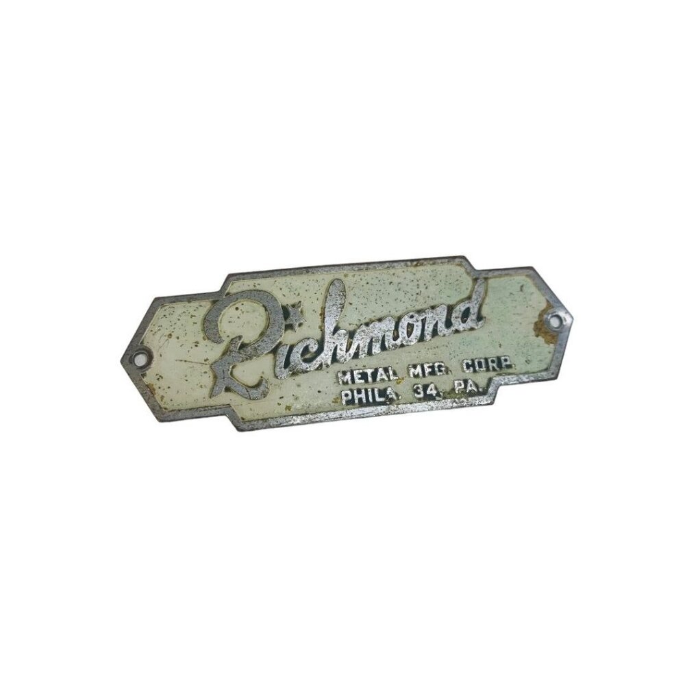 Midcentury Cabinet Metal Tag Richmond Metal Mfg Corp Phila 34 PA 3.25"